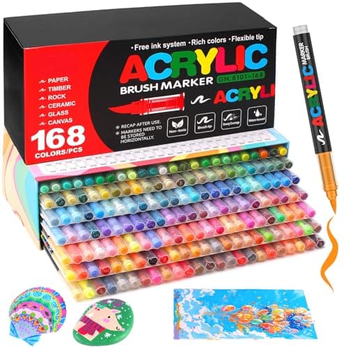 Efimeso 120 Couleurs Feutre Acrylique pour Artistes, Marqueur Peinture Acrylique à Pinceau à Base D'eau, Apprentis et Ex — 168 couleurs