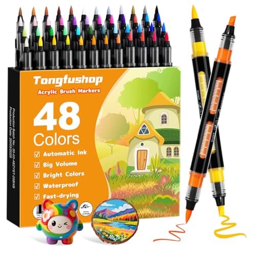 Tongfushop Feutres Acryliques 60 Couleurs pour Adulte, Marqueurs Peinture Pointe Pinceau pour Pierre Bois Toile Verre Cé — 48 Couleurs(Double Pointe)
