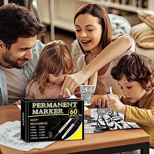 NICETY Lot de 60 Stylos Marqueurs Noirs Indélébiles Pointe Fine pour Artistes Adultes, Dessin & Marquage sur Verre, Bois