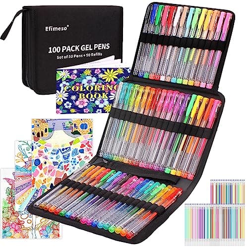 Efimeso 100 packs de stylos gel pour adultes et enfants | 50 feutres stylus paillettes et 50 recharges dans un étui à fe