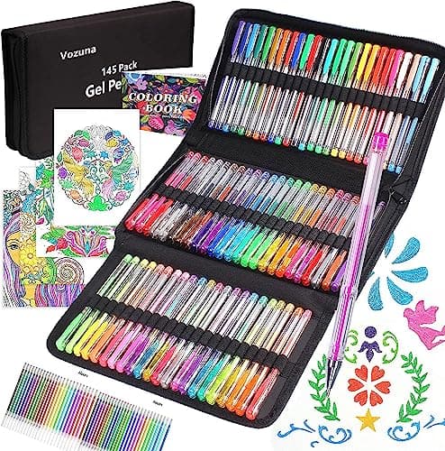 Vozuna Lot de 145 Stylos Gel de Pailletés 72 Couleurs Uniques avec Recharges pour Enfants et Adultes - Artisanat et Scra