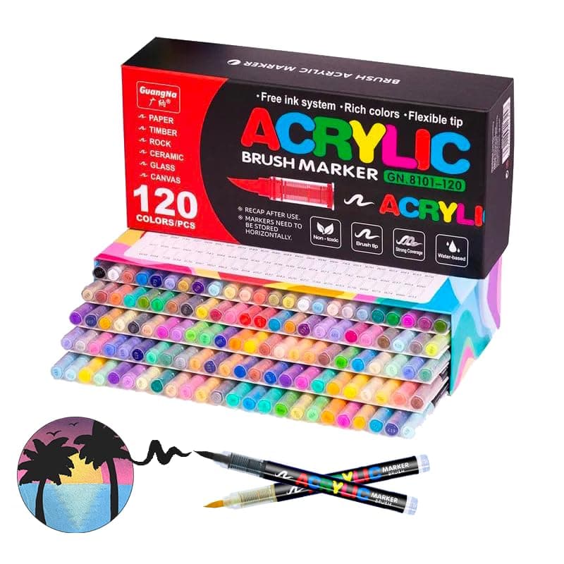 Guangna feutres acryliques 120 tailles, pointe fine flexible et précise, encre opac superposable, idéal pour verre, céra
