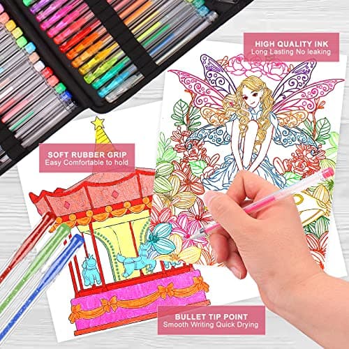 Efimeso 100 packs de stylos gel pour adultes et enfants | 50 feutres stylus paillettes et 50 recharges dans un étui à fe
