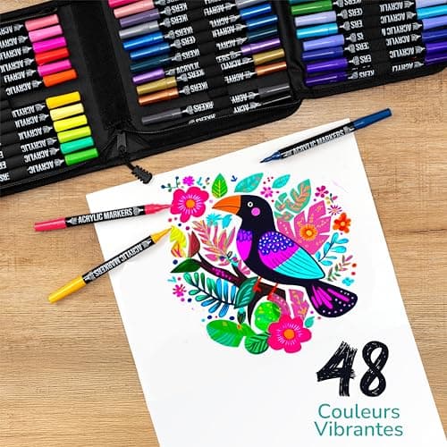 Marqueur Acrylique Zenacolor Double Pointe 48 Couleurs pour Artiste - Feutres Peinture - Pochette Incluse