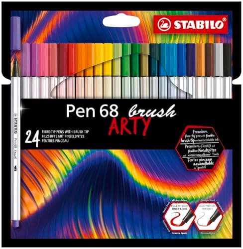 STABILO Feutre pinceau Pen 68 brush - Couleurs vives - Enfants - TravAIL & ÉCRIRE x 24 feutres - Etui carton - gamme ART