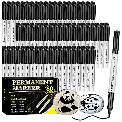 NICETY Lot de 60 Stylos Marqueurs Noirs Indélébiles Pointe Fine pour Artistes Adultes, Dessin & Marquage sur Verre, Bois