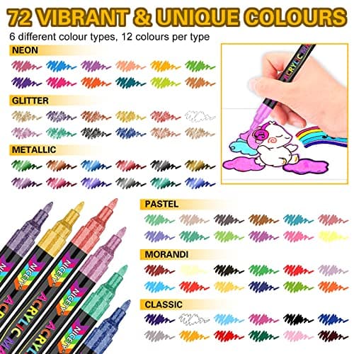 Nicety Lot de 72 marqueurs acryliques à pointe extra fine pour créatifs et artistes en loisirs créatifs