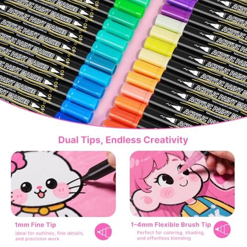 Tongfushop Feutres Acryliques 120 Couleurs pour Adulte - Double Pointe, Peinture à Base d'Eau pour Pierre, Bois, Toile e