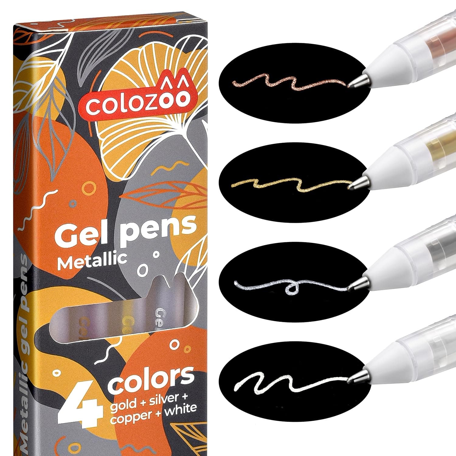 Colozoo Ensemble de 4 Stylos Gel Métalliques 0.8mm | Rapidement Séchables pour Dessin Inc. | Couleurs Or, Argent, Cuivre