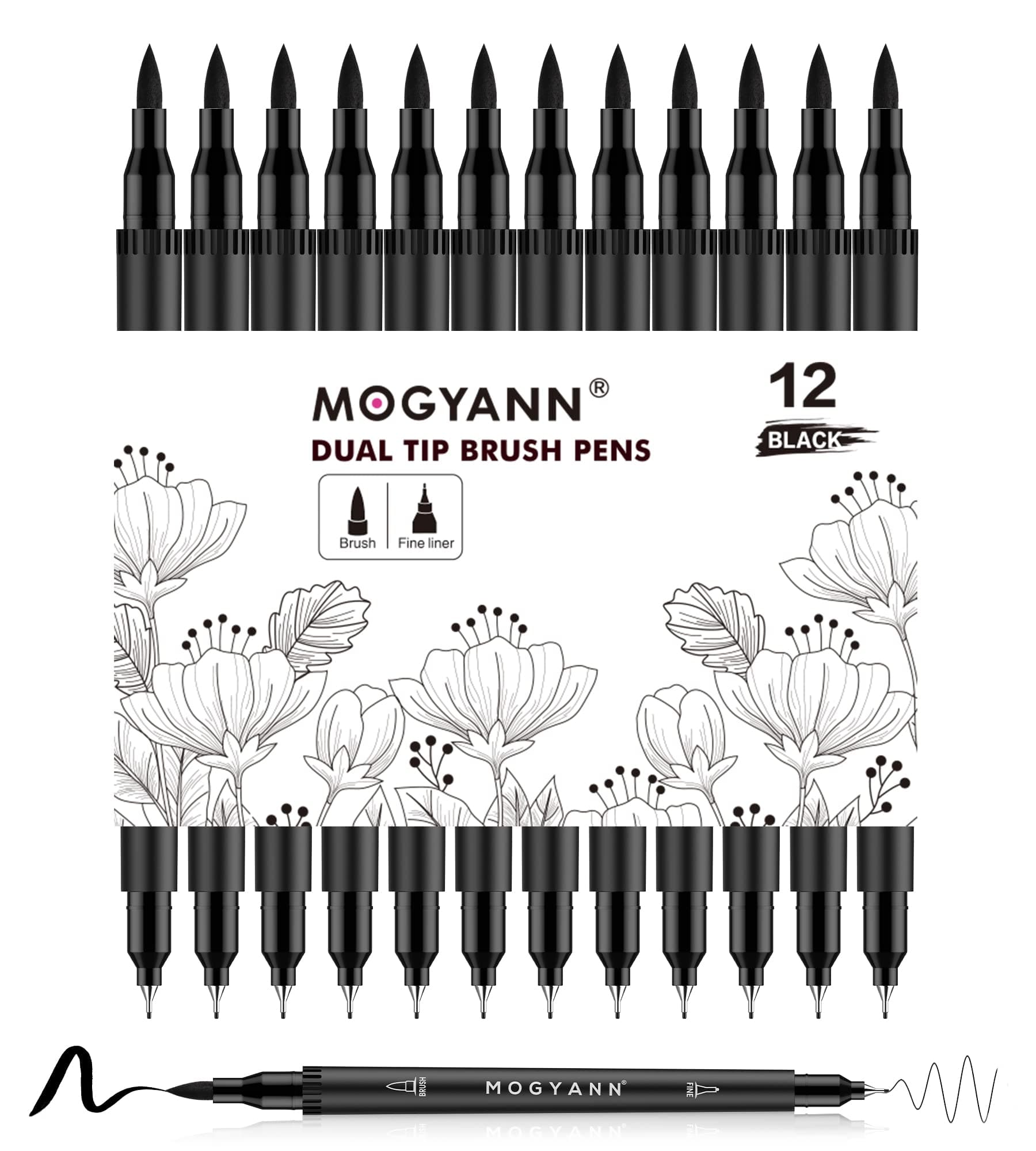 Mogyann Feutres Coloriage Adulte Lot de 12 marqueurs noirs à double pinceau pour dessiner et esquisser de l'art - Pratiq