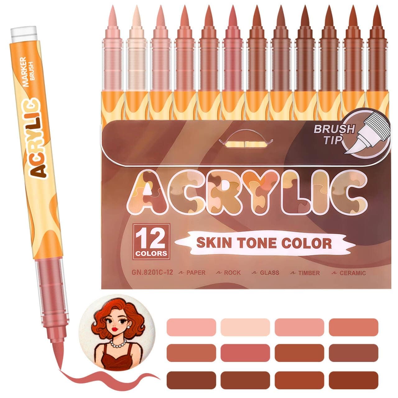 Marqueurs acrylique 12 pièces Skin Tone Color Series Pinceau 0.5~5MM Adulte Peinture Verre Bois Verchère Peinture Sur Co