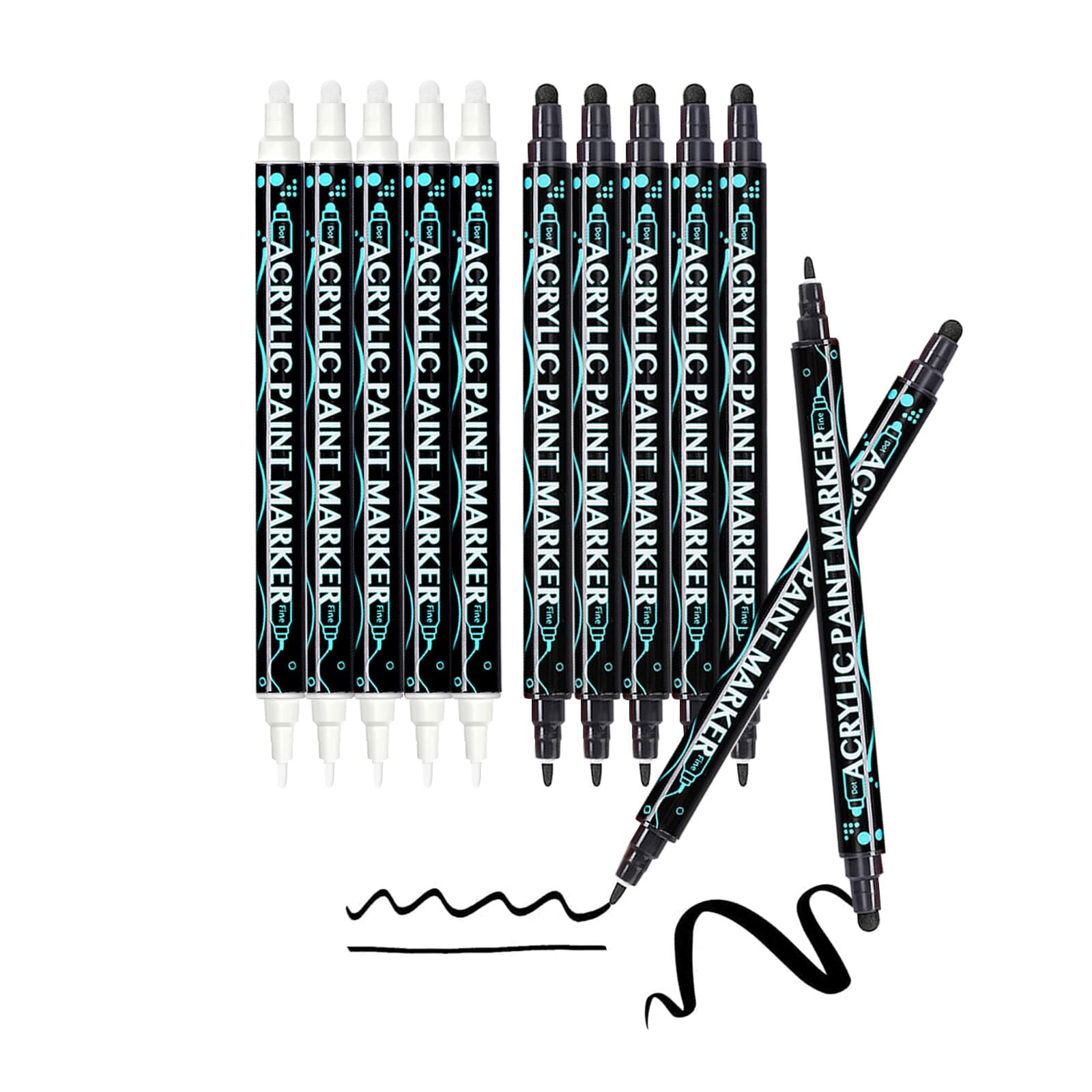 FiveMileBro Marqueurs Acryliques Noir et Blanc pour Toile et Supports Multimédia, Marqueurs Peinture pour Artistes, 10PC