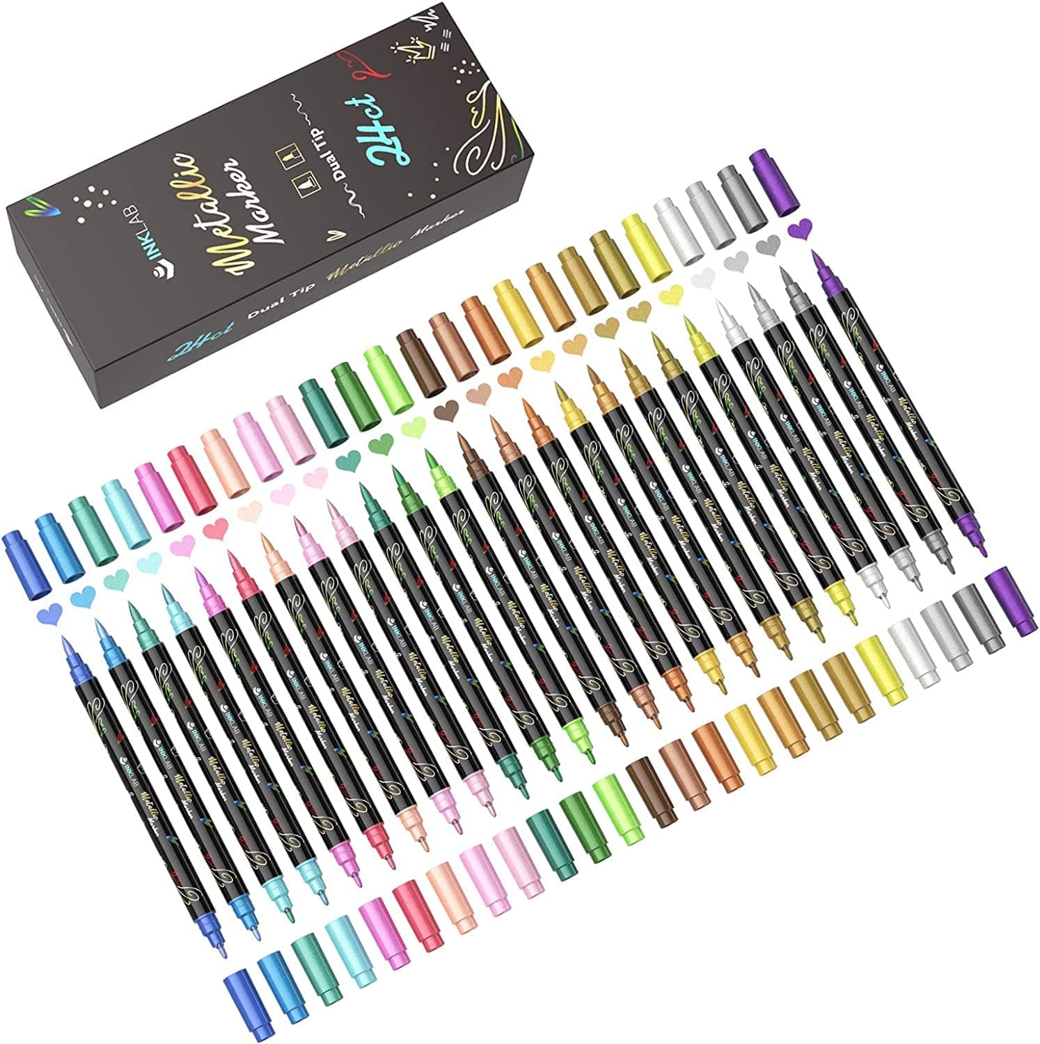 Marqueurs Métalliques 24 Couleurs pour Scrapbooking et Bricolage - Double Pointe - Moyen & Pointe du Pinceau - Artisanat