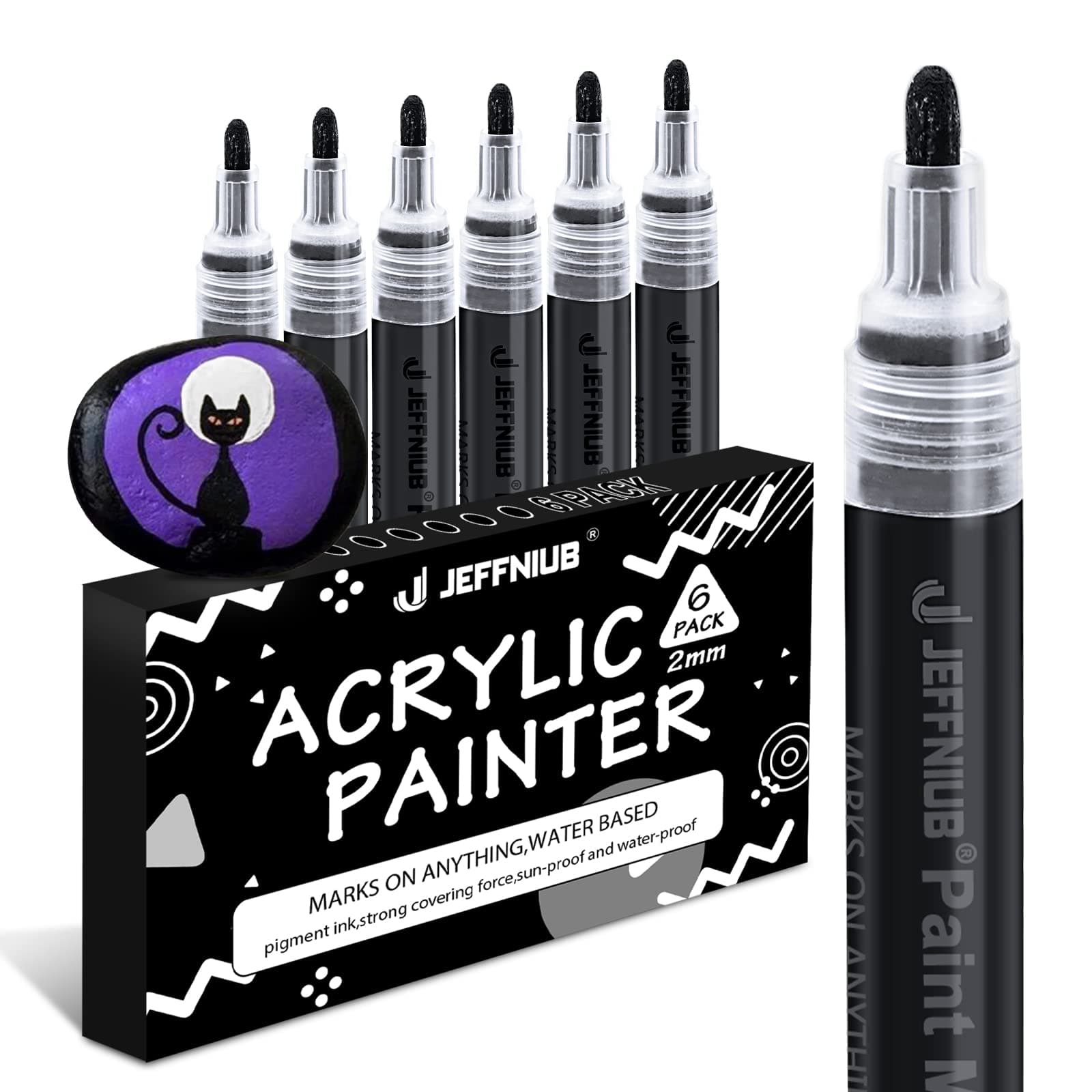 JEFFNIUB Marqueur Acrylique Noir Pointe Large 2-3mm pour Artiste Professionnel, Lot de 6, Peinture Permanent pour Verre,