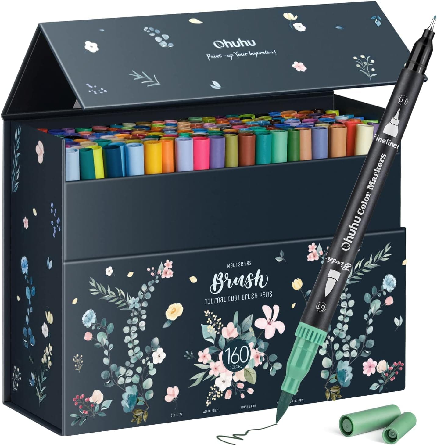 Ohuhu Couleurs de Coloriage Adulte Aquarelle, Boîte de Rangement Maui - Feutres Doubles Pointes Fine et Pinceau pour Cal