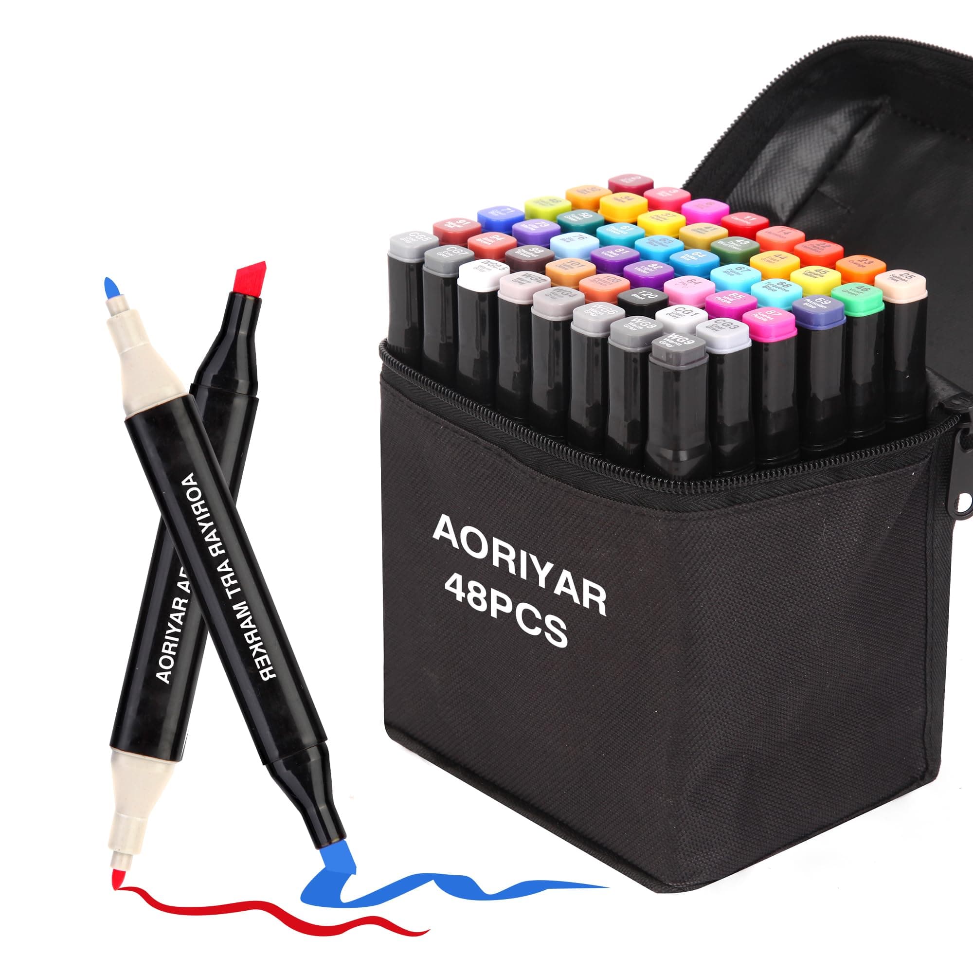Feutres à alcool Aoriyar 48 Couleurs Adultes Artiste Coloriage Rapide Séchage Sac Transport TwinMarkers (48 COLOR)