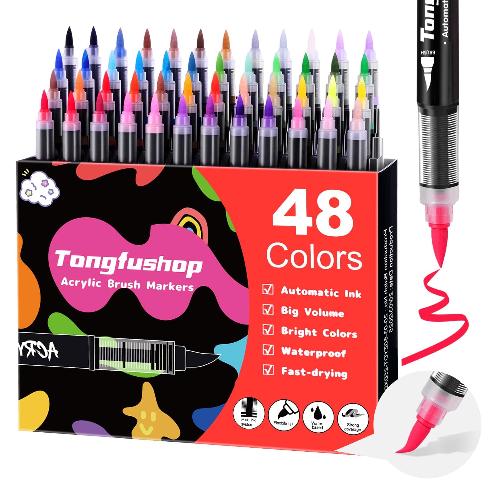 Tongfushop 48 Couleurs Feutre Acrylique Marqueur Peinture pour Pierre Bois Toile Verre Céramique Plastique Coloriage Adu