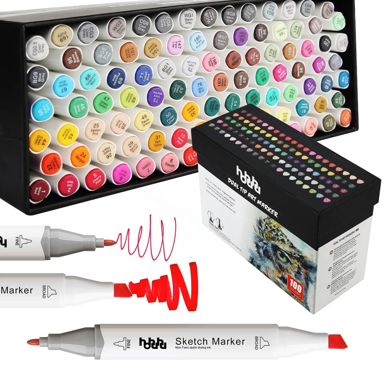 Marqueurs hhhouu 100 Couleurs Alcool Feutres Double Pointe, Pour Adultes Artiste DIY, Peinture Coloriage MH-100W