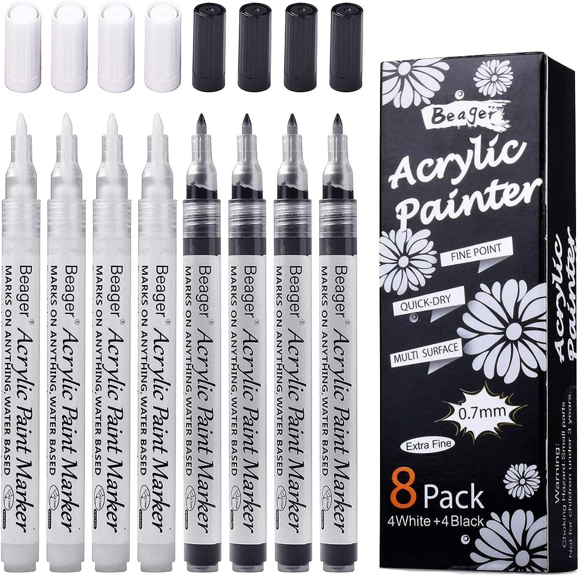 Stylos de peinture acrylique Blancs Noirs 8 Pièces Marqueurs Permanents Beager