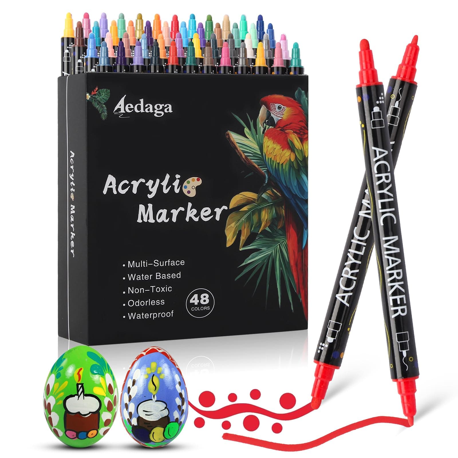 AEDAGA 48 Couleurs Feutre Acrylique pour Enfants et Adultes - Double Pointe Fine & Ronde - Coloriage et Peinture sur Ver