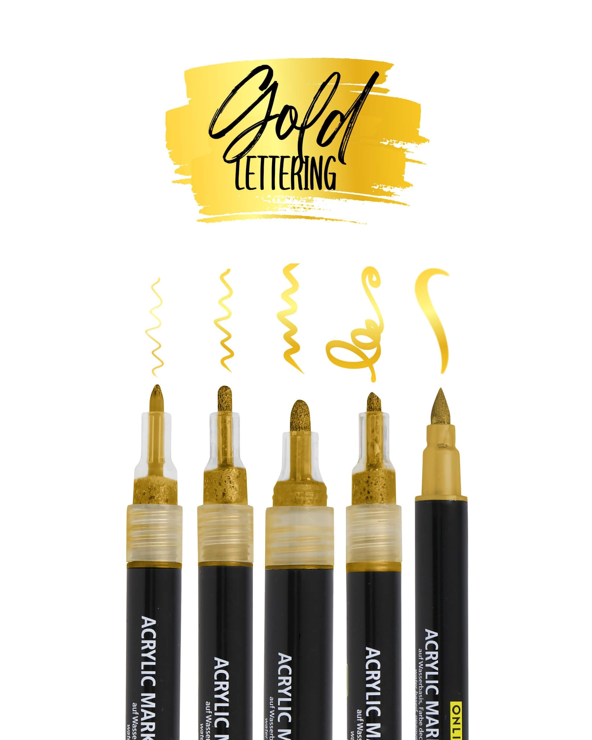 Marker doré Online, stylos acryliques pour feutres à peinture handlettering, boir, verre et plastique, 5 pointes différe