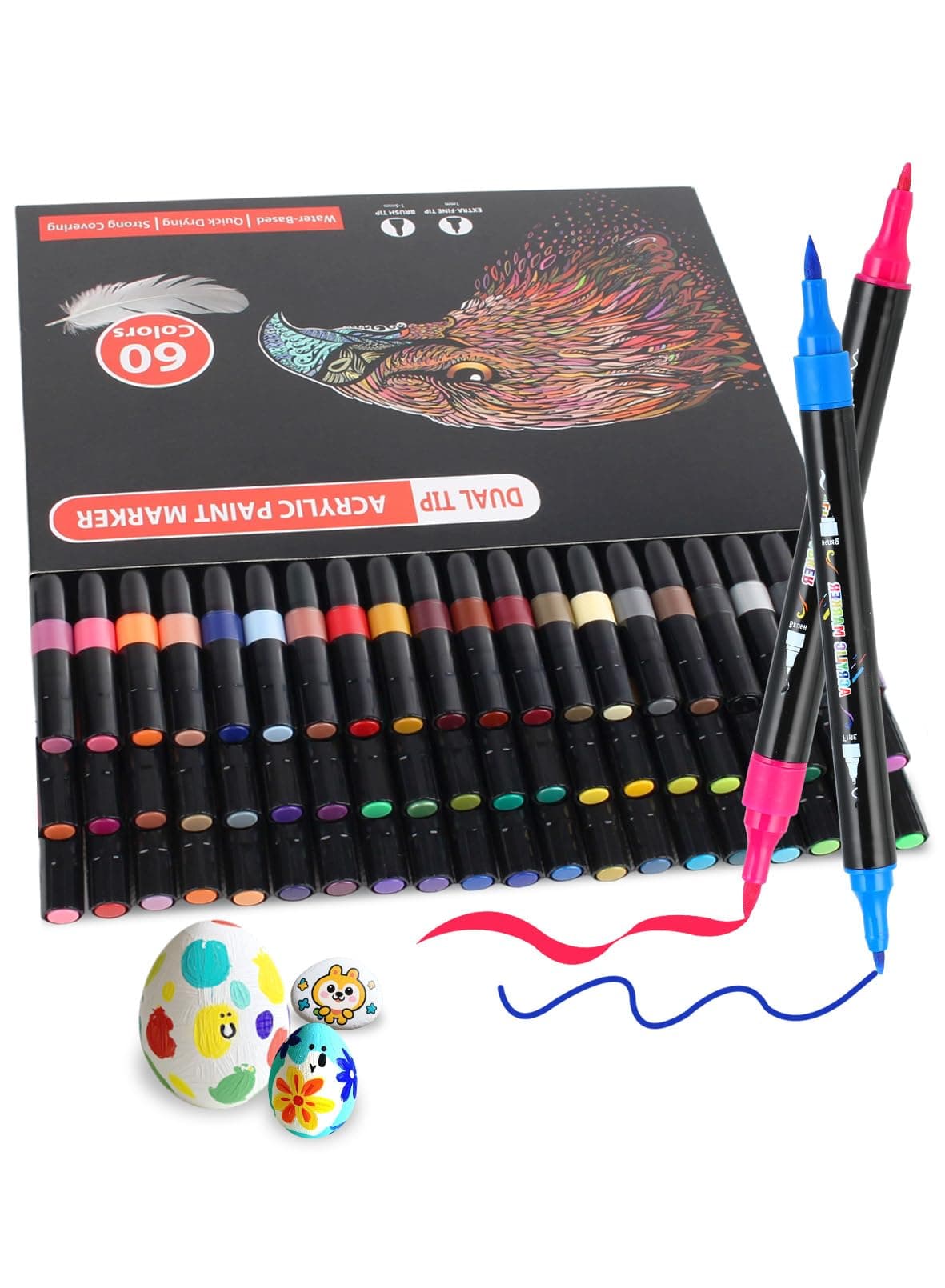 AEDAGA 60 Couleurs Feutre Acrylique pour Artistes et Enfants, Marqueur Acrylique Double Pointe avec Pinceau et Pointe Fi