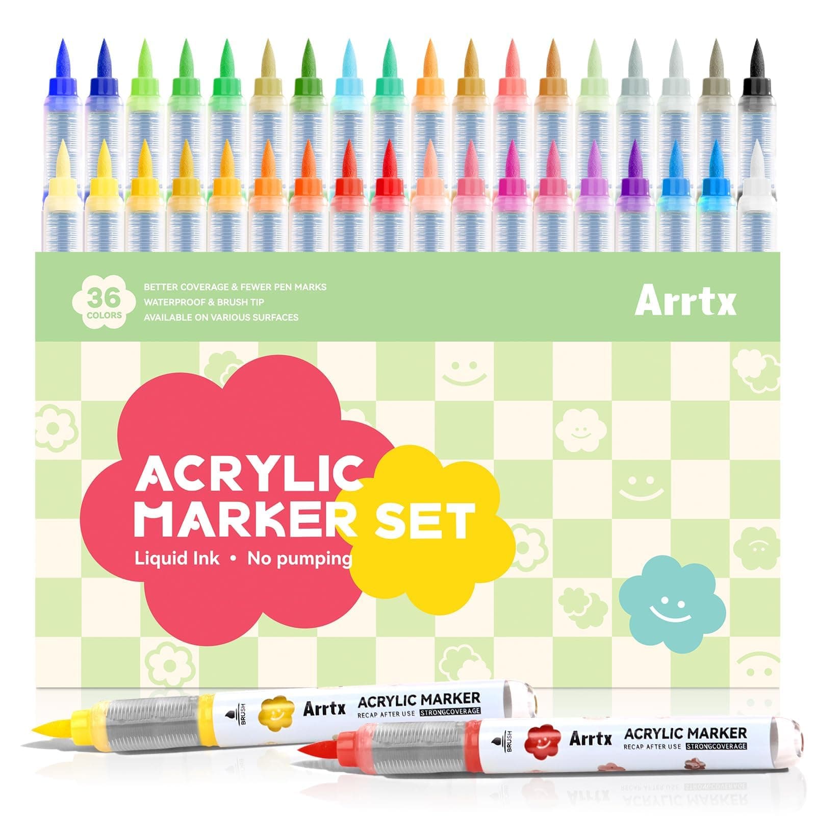 Marqueurs Acryliques Arrtx 36 Couleurs pour Peinture de Roches, Verre, Pierre et Bois - Set Pointe Pinceau