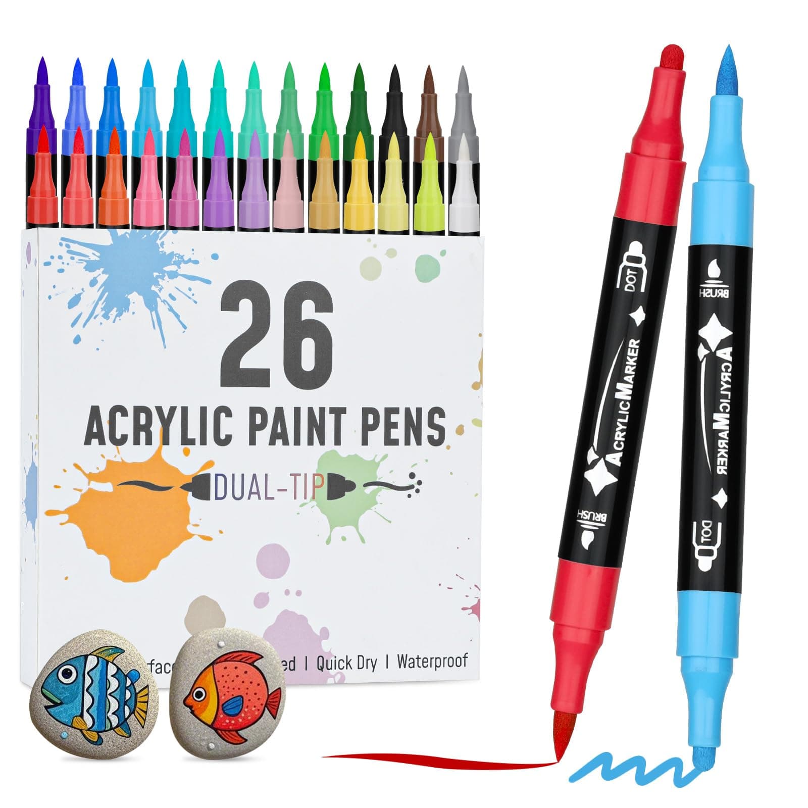 VynyQoo Marqueur Peinture Acrylique 26 Couleurs, Feutres Acrylique Double Pointe, Adulte 0,5cm Fine Pointe pour Roche Bo