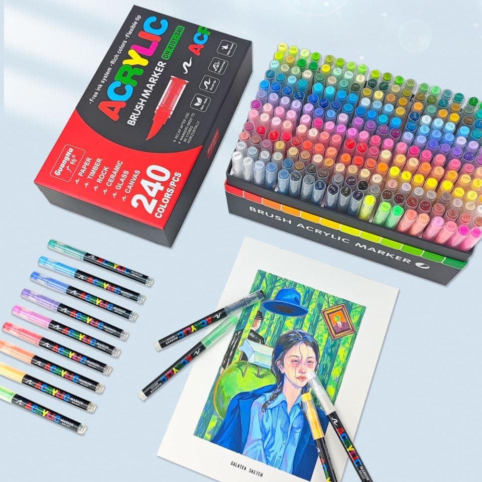 Guangna Acrylique Markers 240 Pointes Pinceau, Couleurs pour Adultes, Dessin, Peinture sur Pierre, Céramique, Verre, Boi