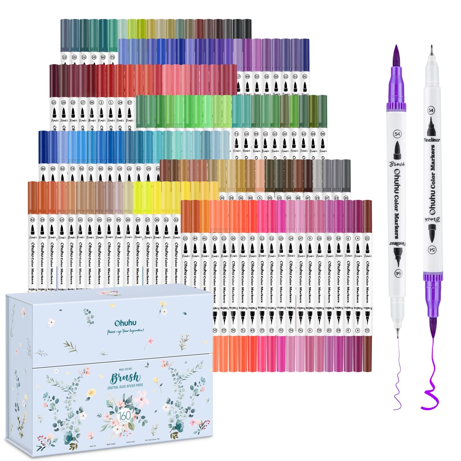 Ohuhu 160 Feutres de Couleur pour Adultes - Aquarelle et Double Pointe Fine et Pinceau pour Calligraphie et Mandala, Mau