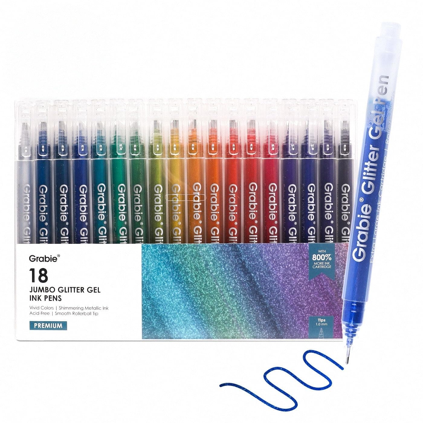 Stylos à encre gel métallique Grabie - Lot de 18 paillettes pour adultes - Coloriage scintillant (18 couleurs)