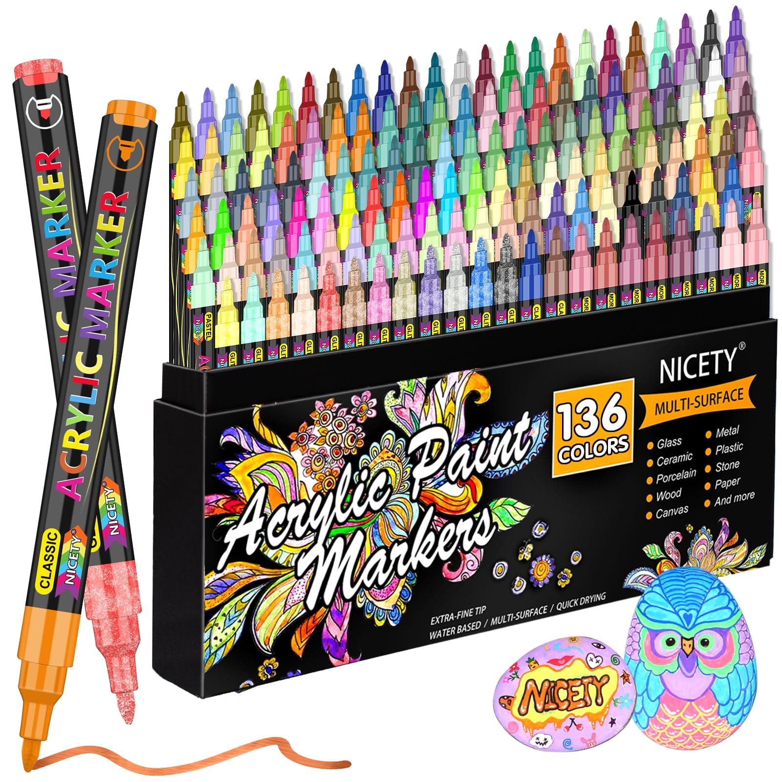 NICETY 136 Acrylique Peinture Stylo-Marqueur - Verre et Bois - Peinture Acrylique à Base d'Eau 0,7 mm - Toile, Verre, Cé