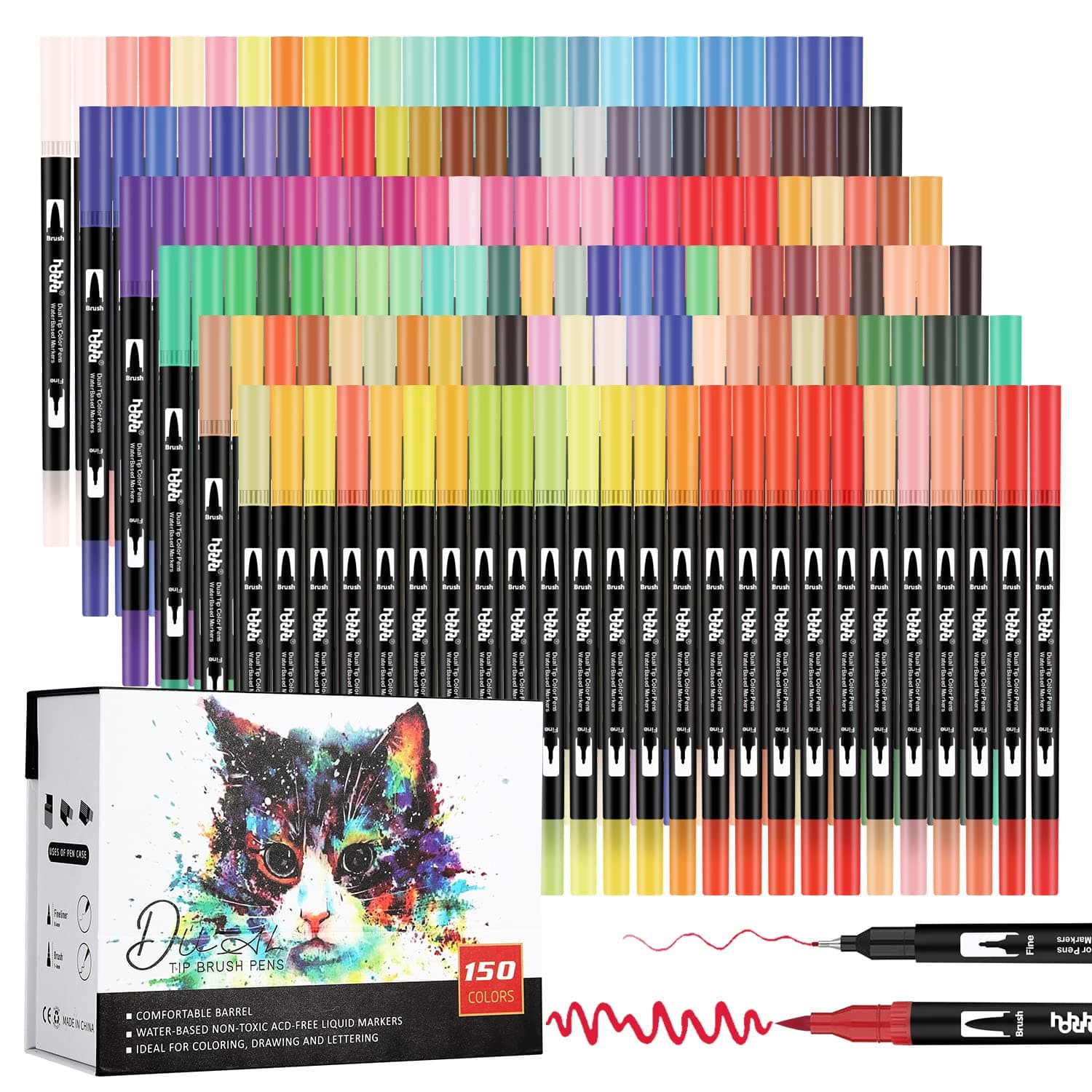 Marqueurs pinceaux HHhouu Lot de 150 à double pointe pour adultes professionnels - Livres de coloriage, cartes à dessin,