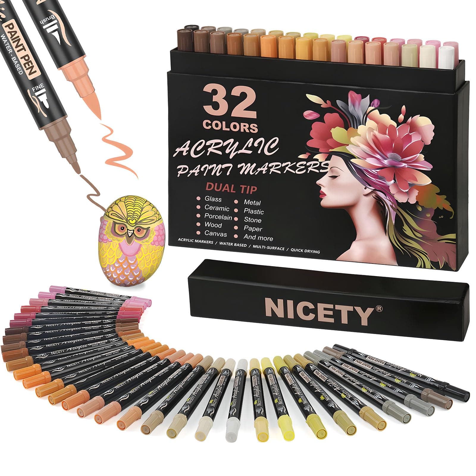 Feutres acryliques NICETY 32 couleurs double pointe pour peinture - Idéal pour adultes (peau) - 0.5 à 5 mm