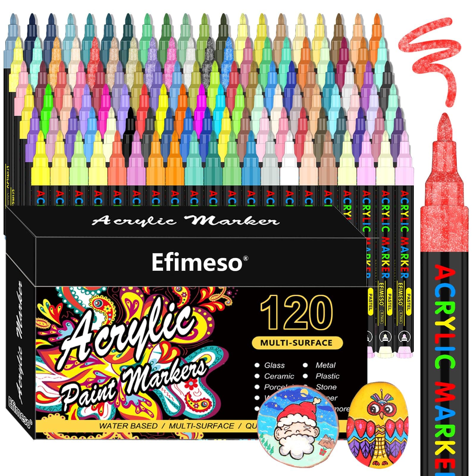 Set Efimeso de marqueurs acryliques 120 couleurs pour peinture sur rocaille, céramique, pierre, verre, bois et métal - P