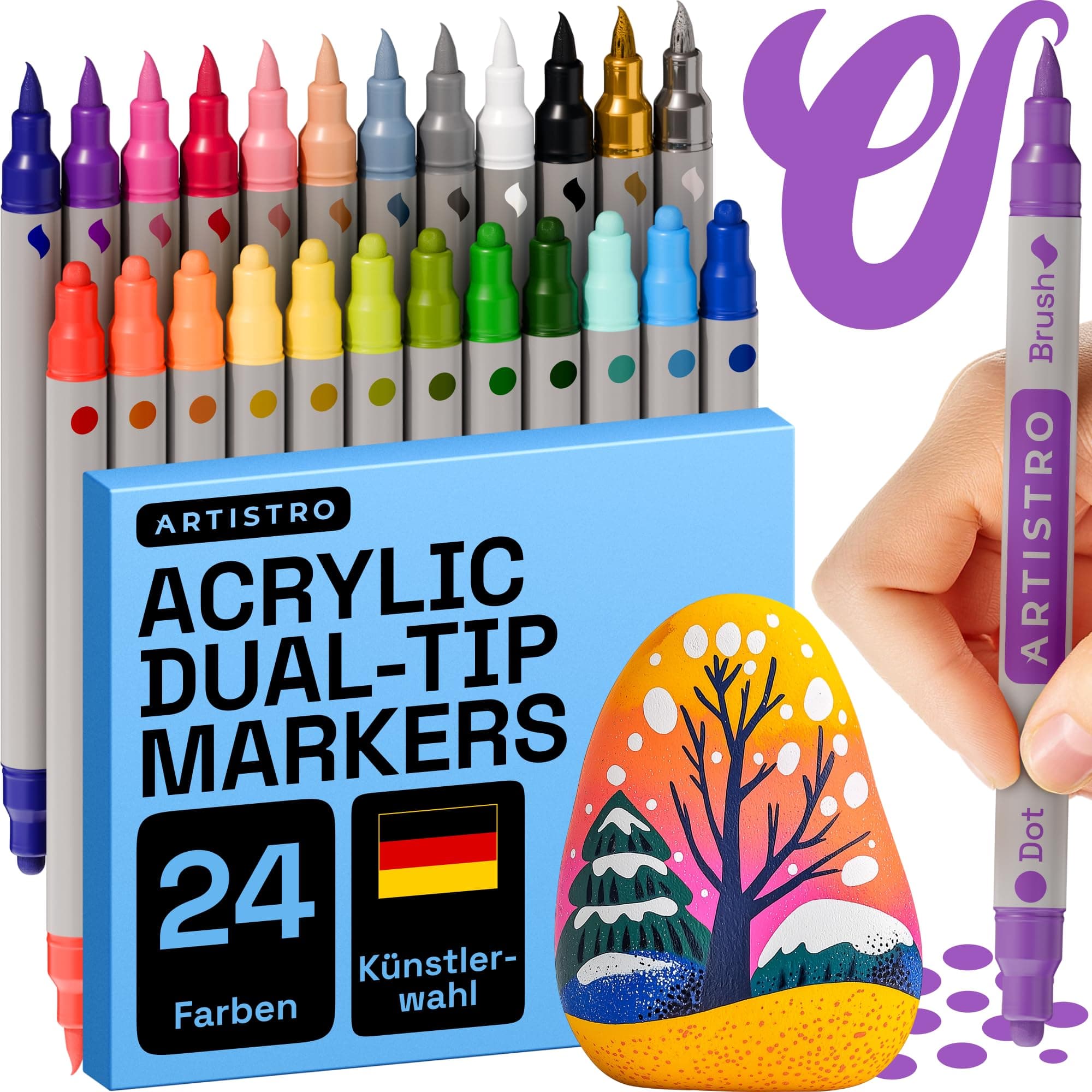 Artistro 24 feutres acryliques double pointe - peinture sur tissu, toile, pierre, verre, bois, papier - idéal pour DIY e