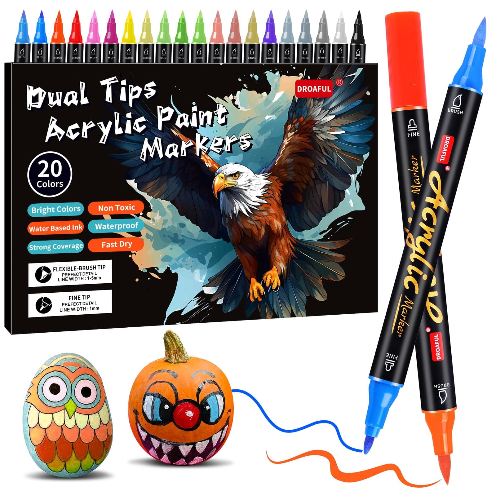 Marqueurs Acrylique Droaful 20 Couleurs Non Toxiques pour Art et Bricolage, Idéaux pour Peinture sur Différents Matériau