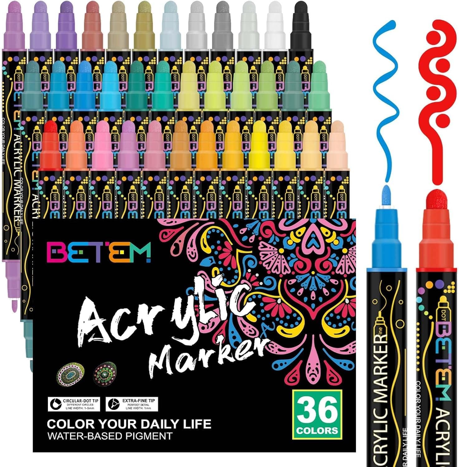 Stylo Marqueur Betem 36 Couleurs Acrylique pour Peinture Artisanale sur Bois, Toile et Objets DIY, Idéal pour Artistes E