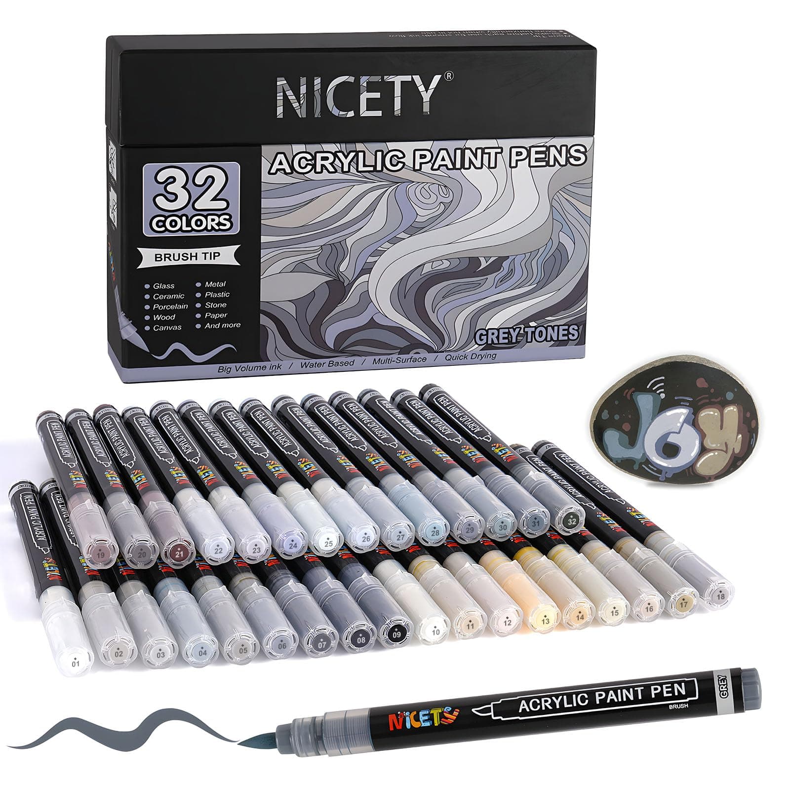 NICETY Marqueurs Acryliques 32 Couleurs – Stylos Pinceaux pour Peinture sur Pierre, Bois, Verre, Céramique – Pointe Pinc