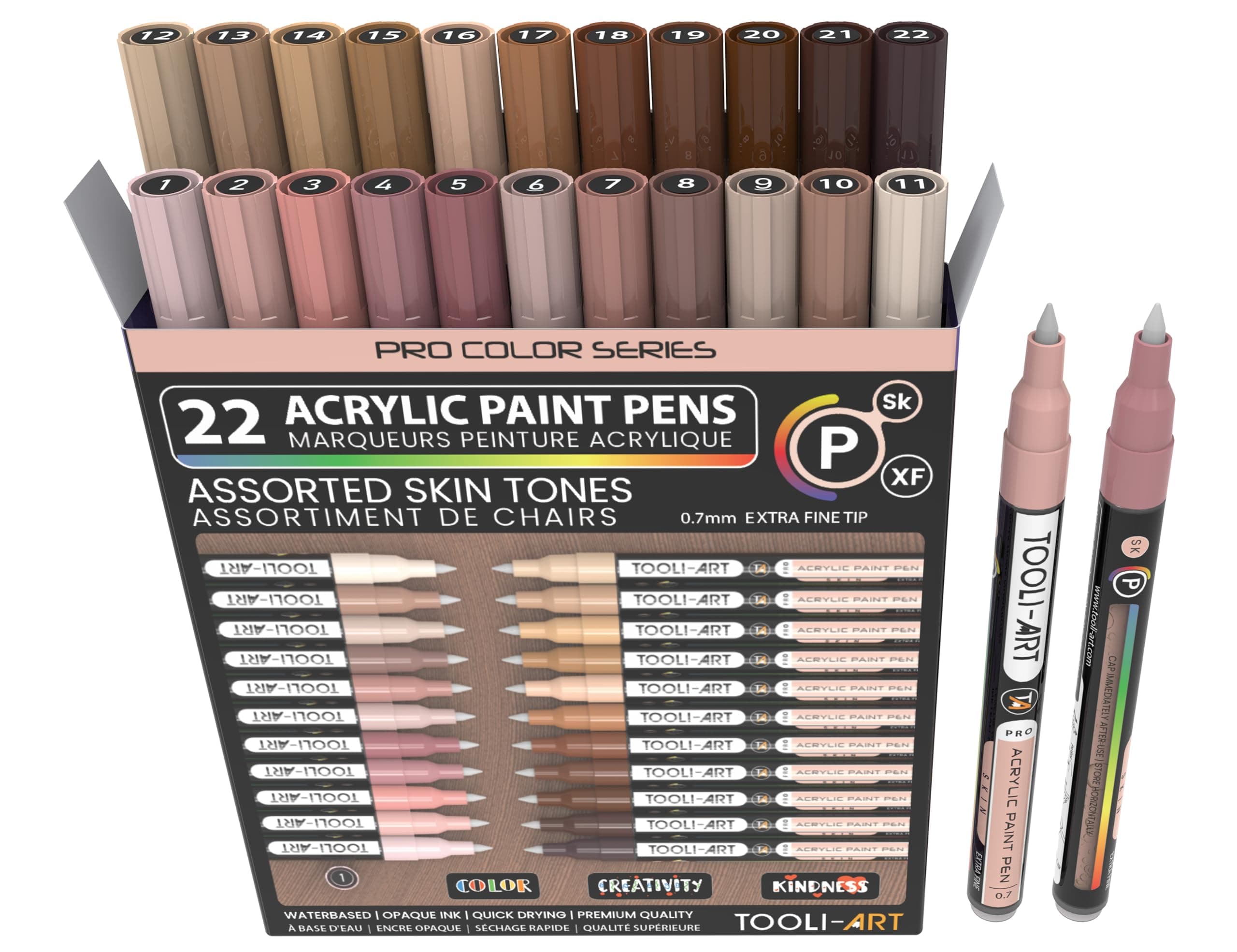 TOOLI-ART Skin Pro Color Series Lot de 22 marqueurs acryliques - Pointe extra fine - Non toxiques - Idéaux pour peinture