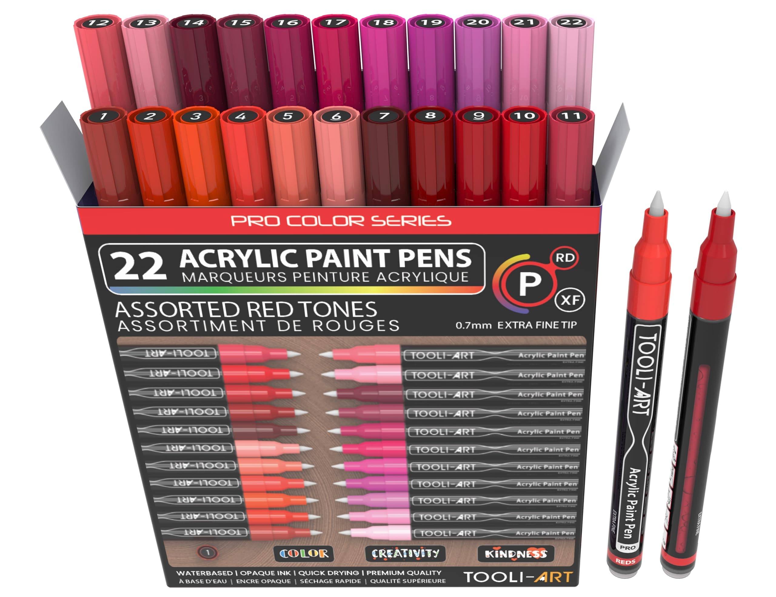 Marqueurs acryliques rouge et rose Pro Color 0,7 mm - peinture sur roche, verre, tasses, bois, métal, toile | Lot de 22