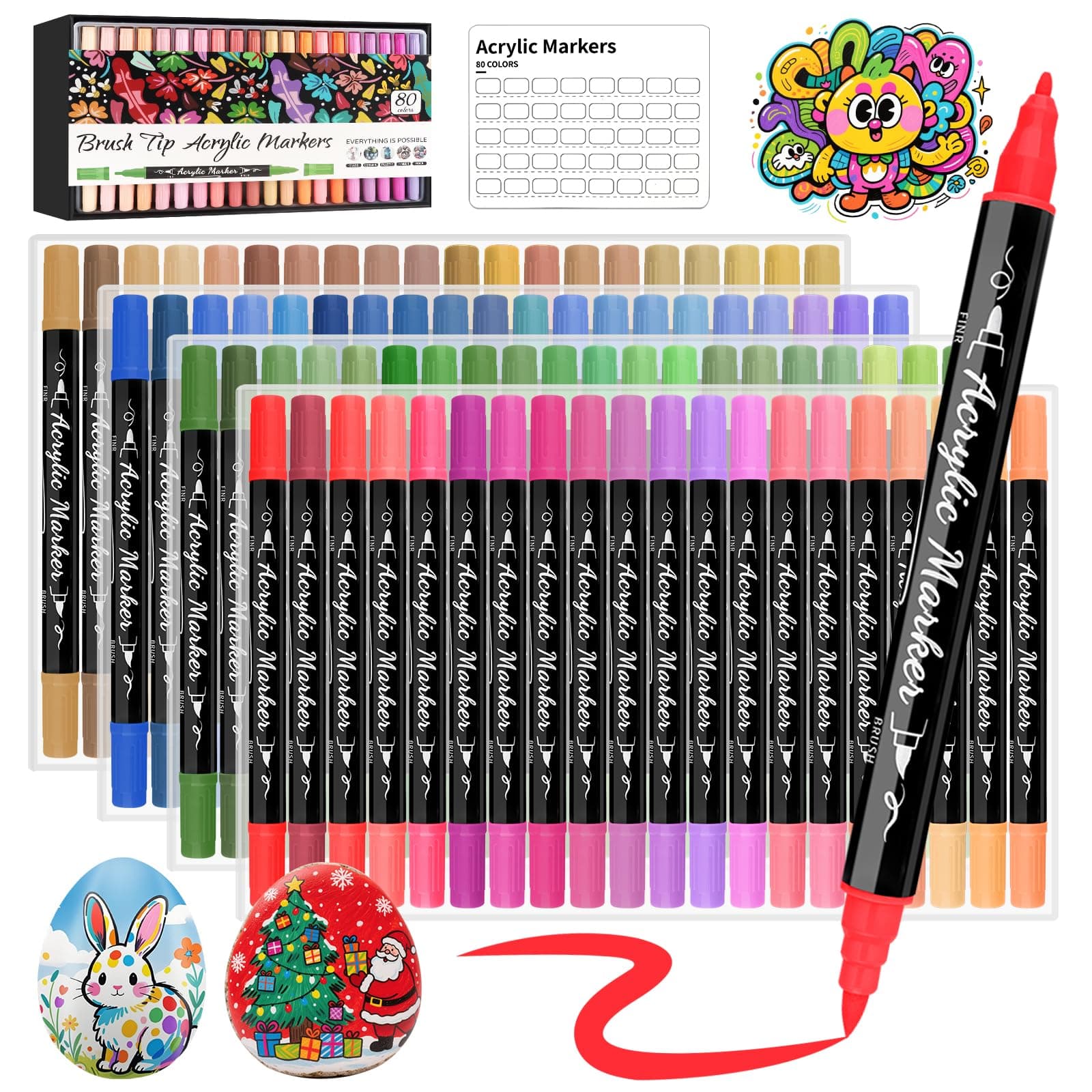 Funnasting Feutre Acrylique 80 Couleurs Pointe Double pour Peinture sur Verre et Tissu Marqueur Acrylique Pointe Fine et