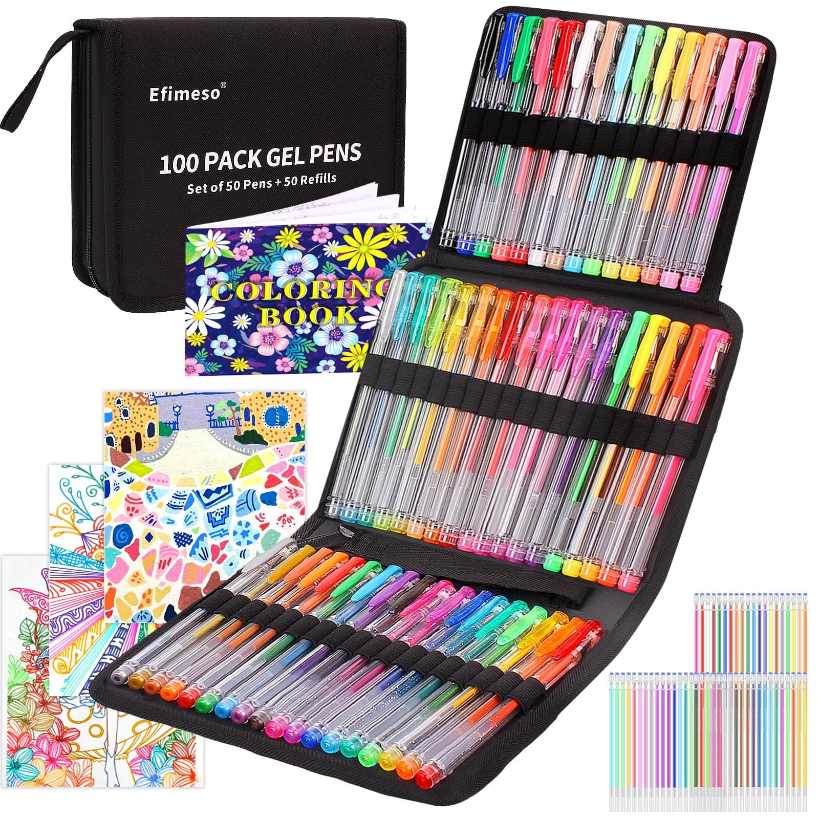Efimeso 100 packs de stylos gel pour adultes et enfants | 50 feutres stylus paillettes et 50 recharges dans un étui à fe