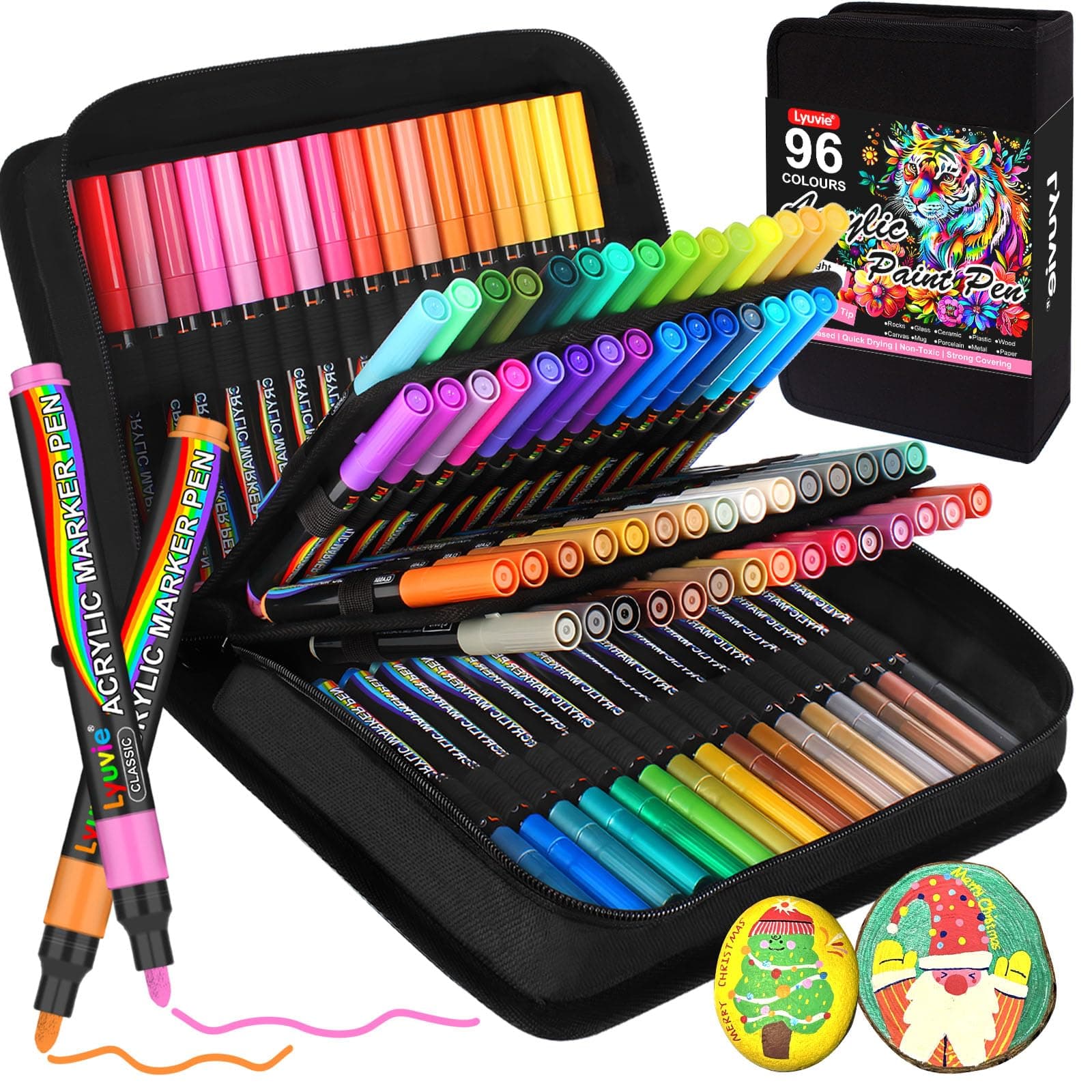 Marque Lyuvie Feutre Acrylique 96 Couleurs Pointe Moyenne 3mm Peinture Rocher Tissu Plastique Verre Caillou Pierre Métal