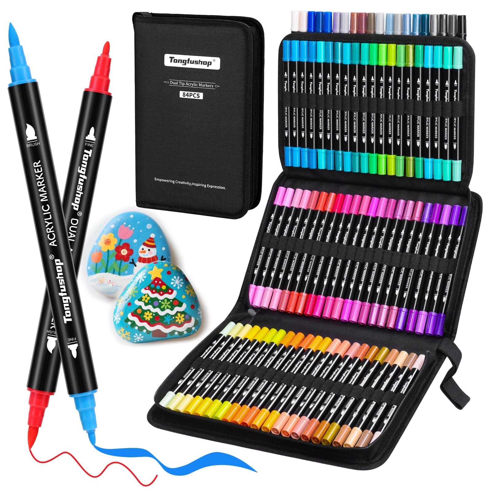 Tongfushop markers acryliques 84 couleurs pour adultes, marqueurs acryliques à double pointe, peinture acrylique pour pi