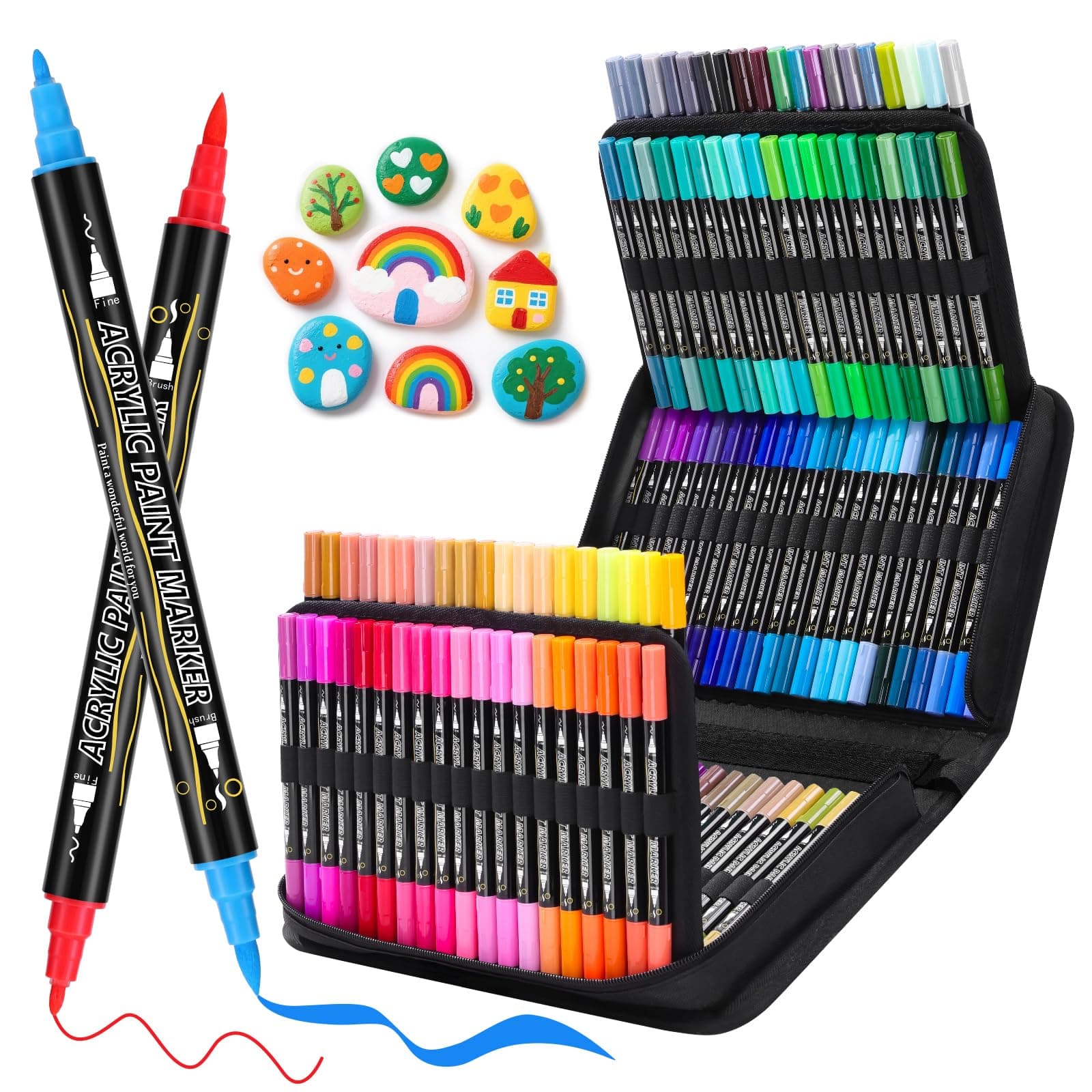 Tongfushop Feutres Acryliques 120 Couleurs pour Adulte - Double Pointe, Peinture à Base d'Eau pour Pierre, Bois, Toile e