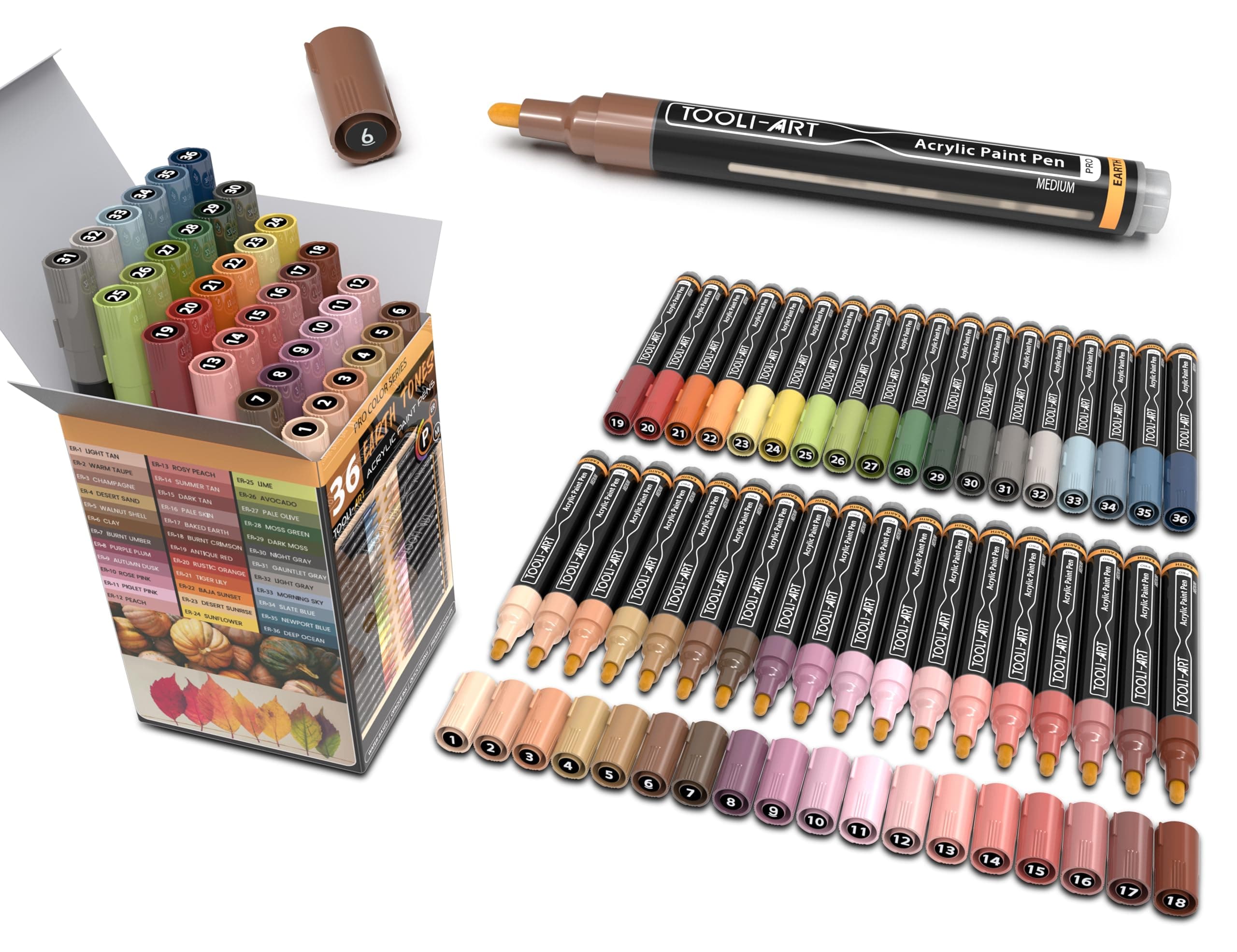 Lot de 36 feutres acryliques naturels non toxiques, couleurs terre naturelles, pointe moyenne 3 mm, pour peinture sur pi