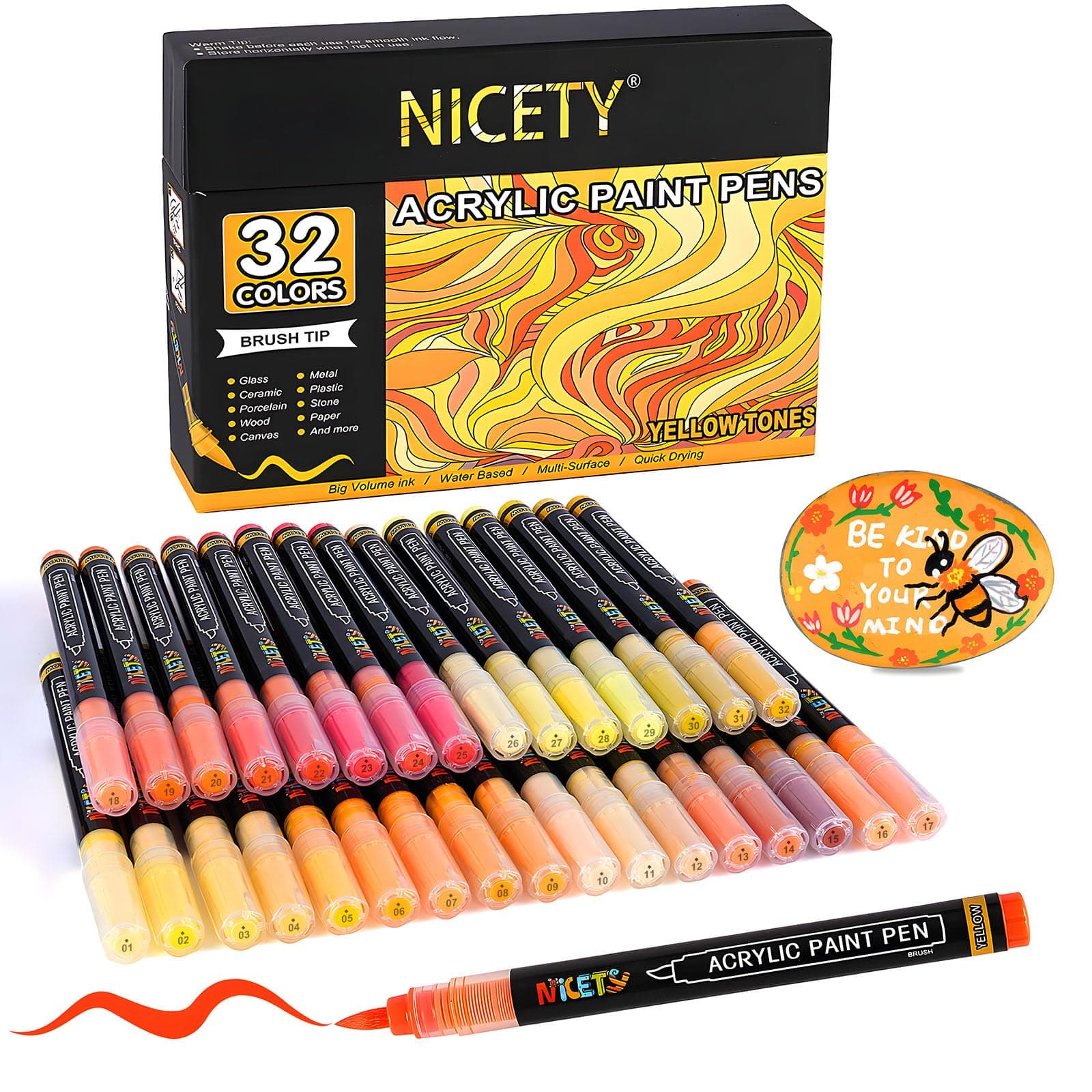 NICETY Marqueurs Acryliques 32 Couleurs pour Adultes - Stylos Pinceaux sur Pierre, Bois, Verre, Céramique - Pointe Pince