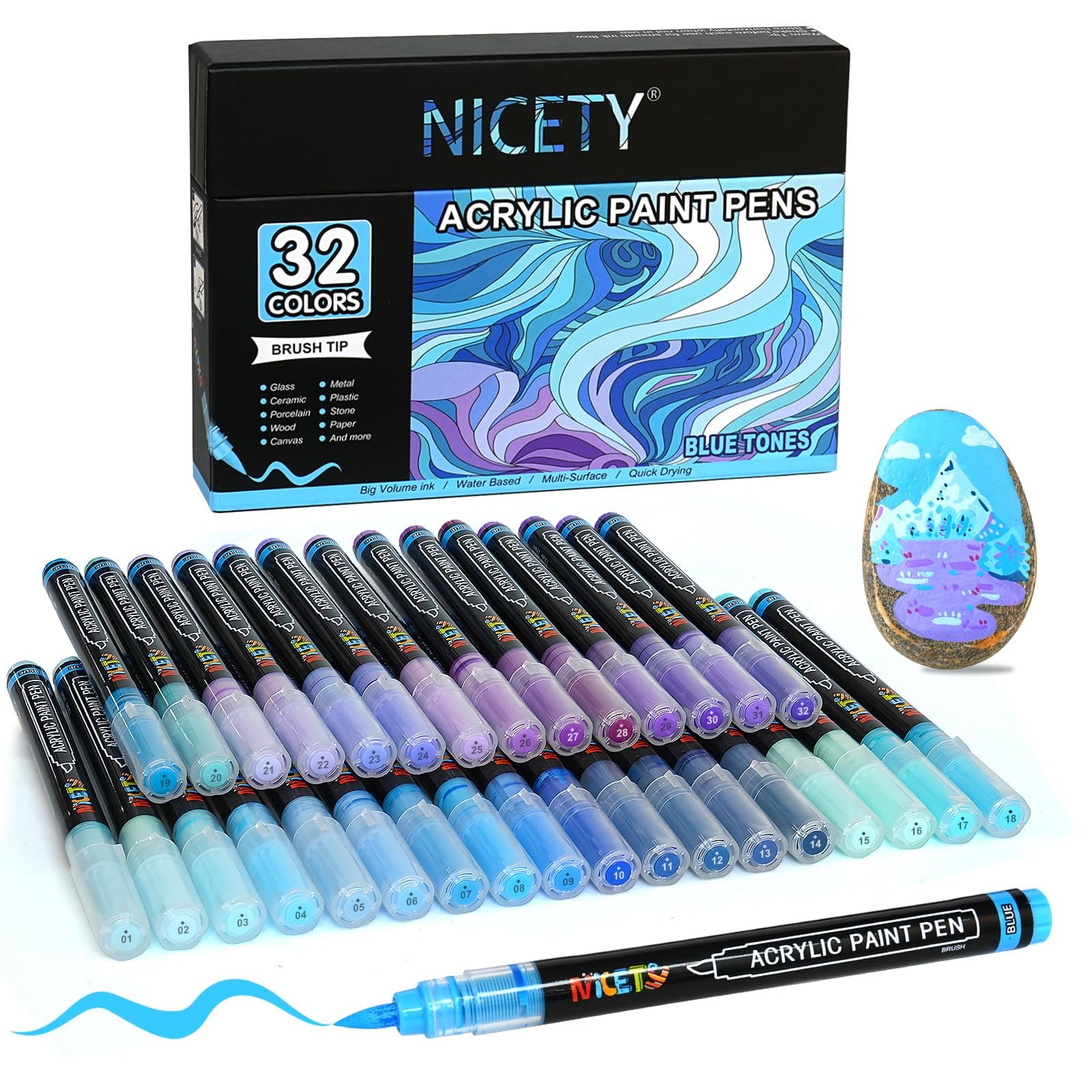NICETY Marqueurs Acryliques – 32 Couleurs Stylos Pinceaux Bleu pour Adultes – Peinture sur Pierre, Bois, Verre, Céramiqu