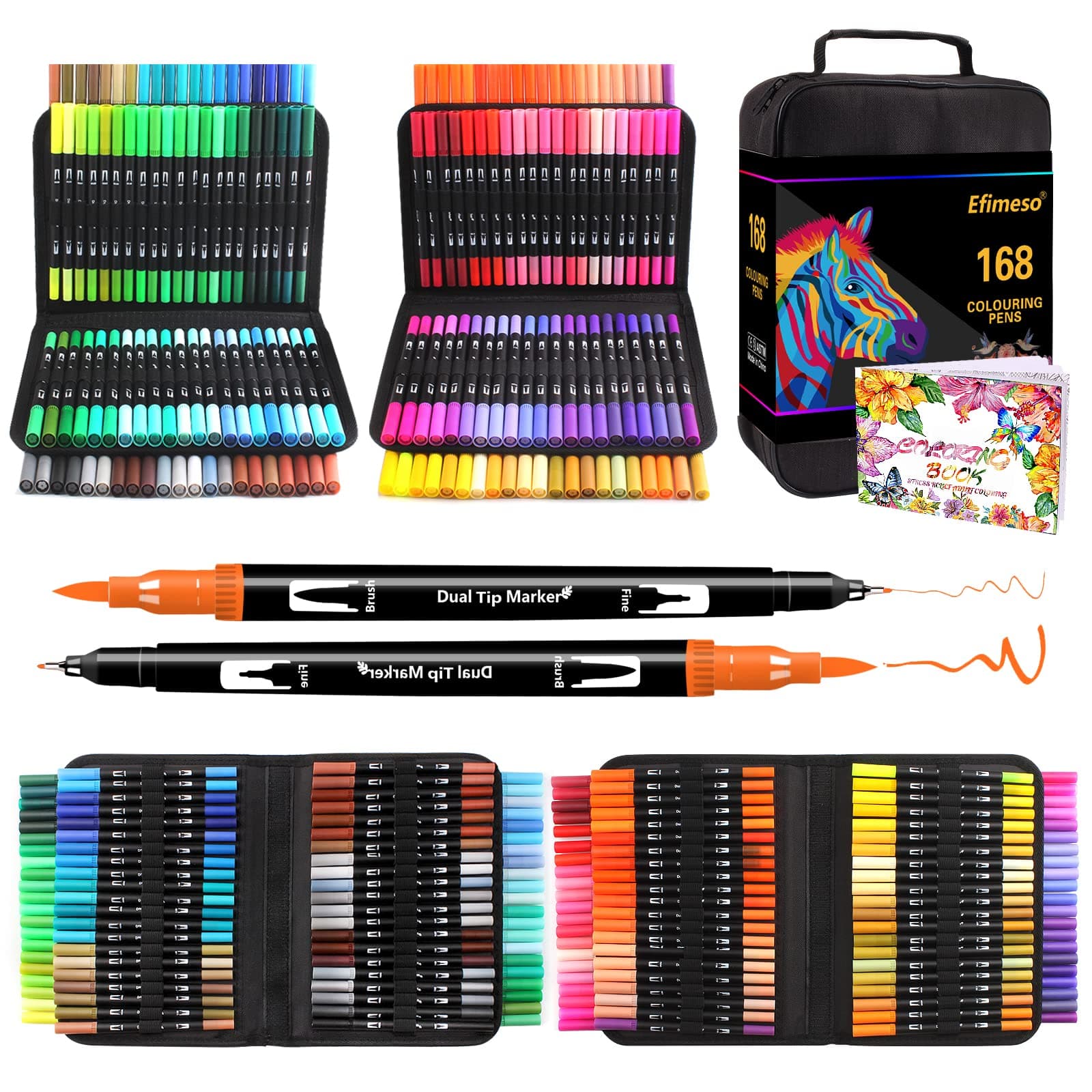 Efimeso 168 Couleurs Feutres Coloriage Adulte, Stylo Feutre Double Pointe Fine pour Artistes, Feutres Pinceaux Aquarelle